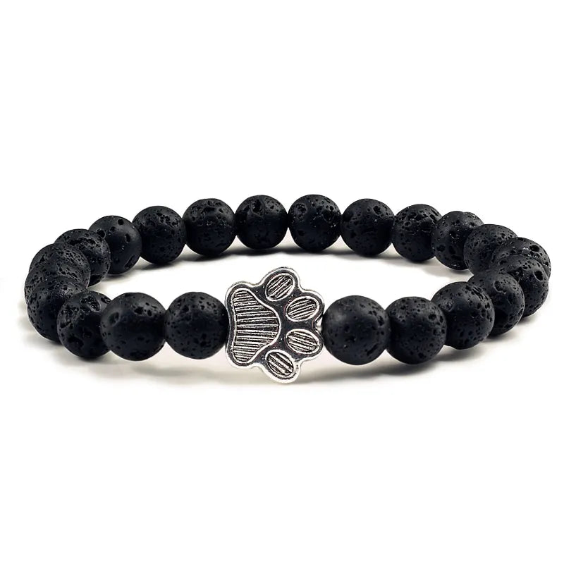 Natural Matte Black Lava Volcanic Stone Paw Print Charm Bracelet Homme Femme Pet Memorial Cat Dog Lovers Jewelry Bracelets