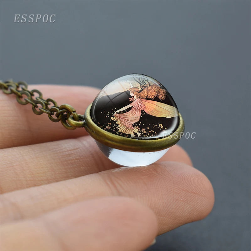 Vintage Double Sided Glass Ball Necklace Hadas Goticas Angel on Moon Art Photo Fairy Tale Pendant Women Jewelry