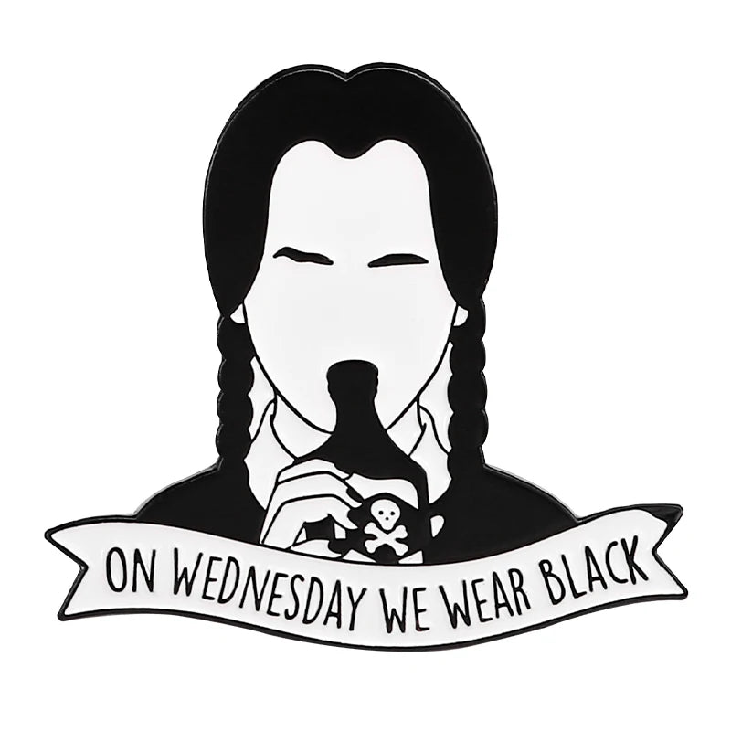 Adams Family Brooch I Am Smiling Wednesday Enamel Pin Hard Lapel Pins Figure Girl Broche Jewelry Accessories Punk Fun