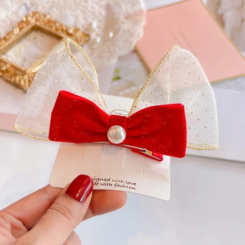 Red Golden Velvet Bow Hair Ornament Baby Hair Circles Pins Christmas New Year Ko