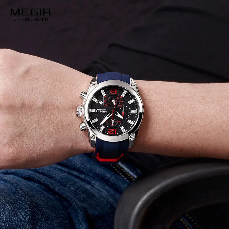 Megir Men's Chronograph Analog Quartz Watch With Date, Luminous Hands, Waterproof Silicone Rubber Strap Wristswatch for Man