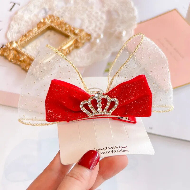 Red Golden Velvet Bow Hair Ornament Baby Hair Circles Pins Christmas New Year Ko