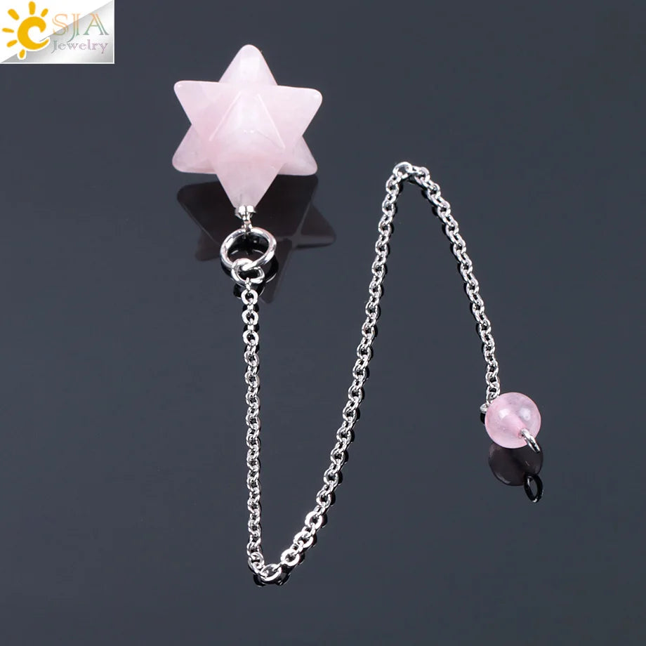 CSJA Natural Gem Stones Merkabah Pendulums for Dowsing Divination Wicca Chakra Reiki Pink Crystal Lapis Lazuli Onyx Pendant F055