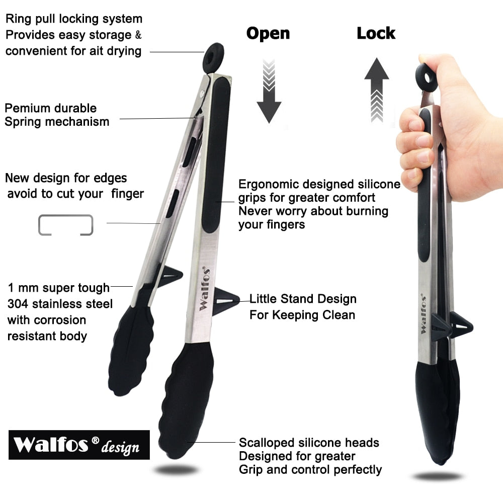 WALFOS 22 CM and 30CM Food Grade 100% Silicone Food Tong Kitchen Tongs Utensil Cooking Tong Clip Clamp Salad Serving BBQ Tools