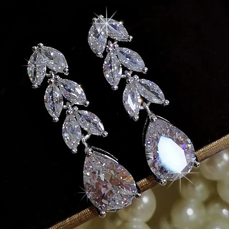 LXOEN Marquise Cut Flower Zirconia Crystal Long Drop Earrings for Women Shiny Leaf CZ Stone Bridal Wedding Jewelry
