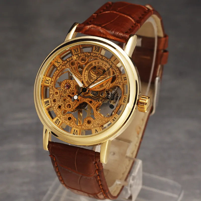 Casual New Fashion SEWOR Brand Skeleton Men Male Military Army Clock Classic Luxury Gold Mechanical Hand Wind Wrist Watch