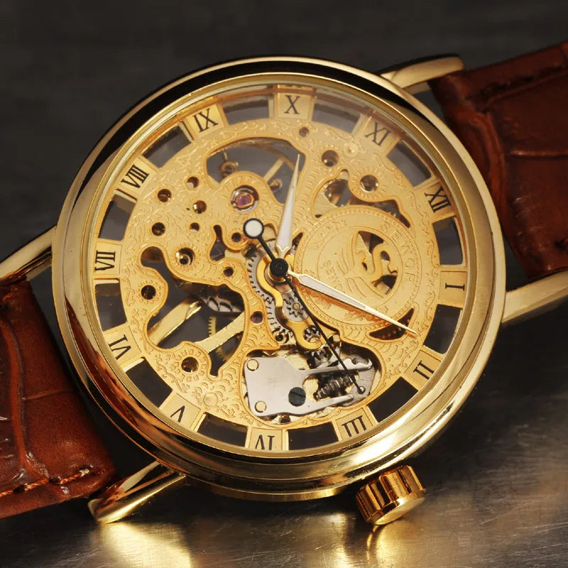 Casual New Fashion SEWOR Brand Skeleton Men Male Military Army Clock Classic Luxury Gold Mechanical Hand Wind Wrist Watch
