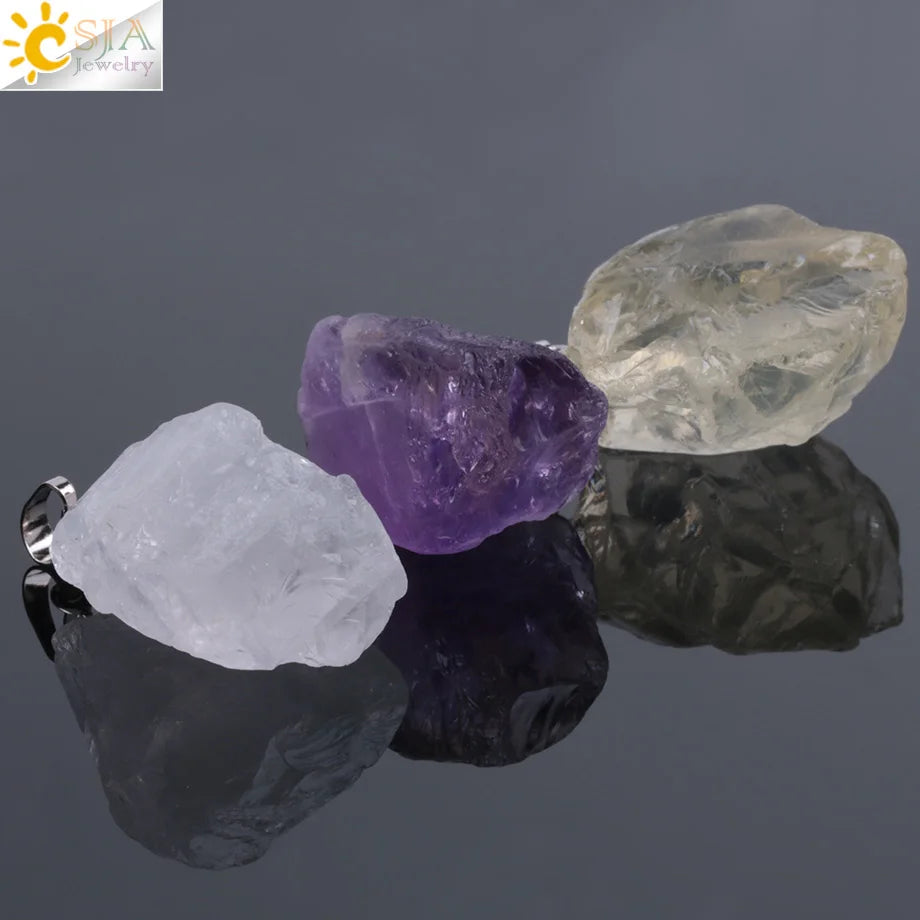 CSJA Natural Stones Gems Clear Crystal Pendants Necklaces Reiki Healing Irregular White Yellow Purple Pink Quartz Pendulum F070