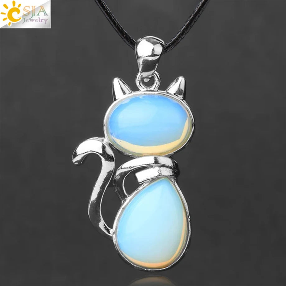 CSJA Reiki Natural Stone Necklaces Pink Quartz Pendants for Women Girl Cute Cat Shape Rock Black Onyx Beads Chain Jewelry F066