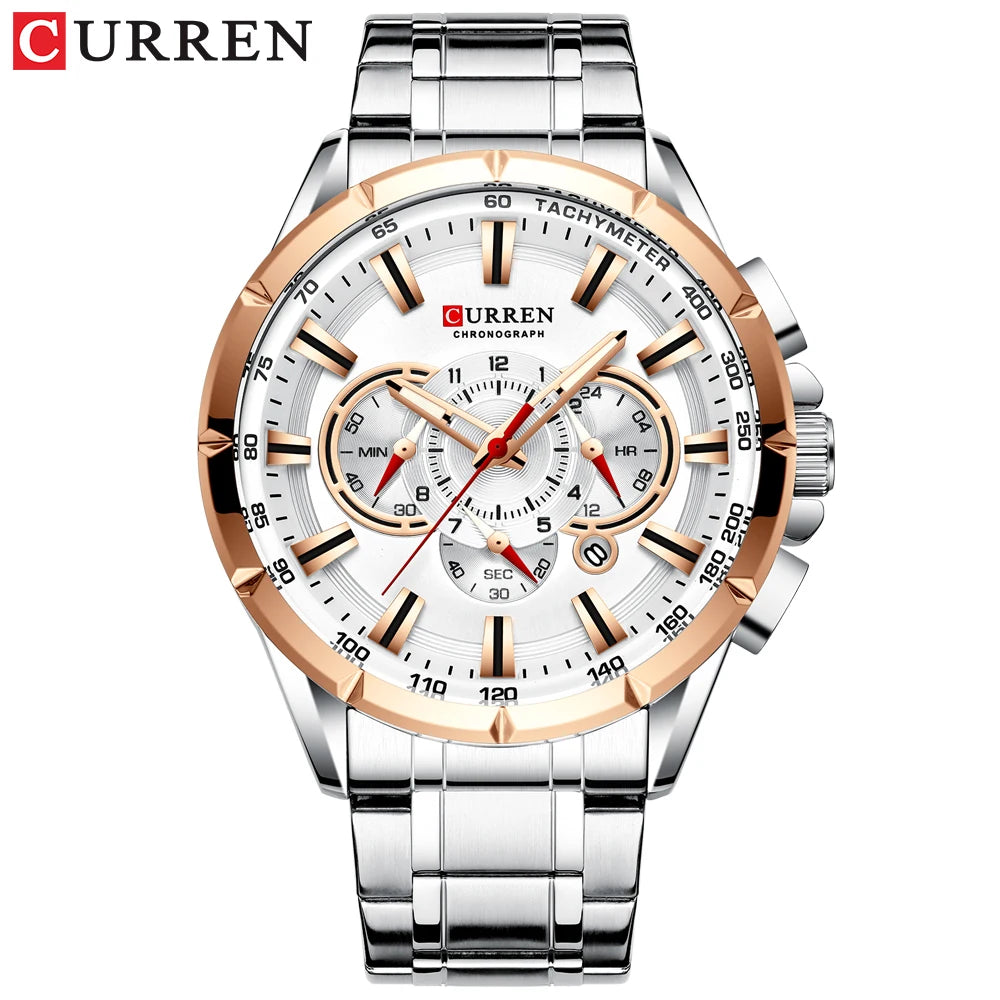 CURREN Luxury Casual Mens Watches Quartz Sports Chronograph Wristwatch Male Stainless Steel Luminous Hands Clock