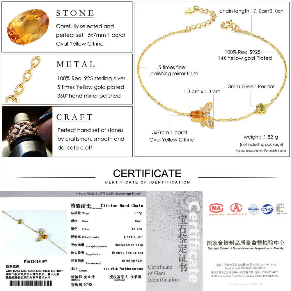 LAMOON Bee Bracelet for Woman Citrine Gemstones Bracelets 925 Sterling Silve 14K Gold Plated Designer Jewelry for Lover LMHI002