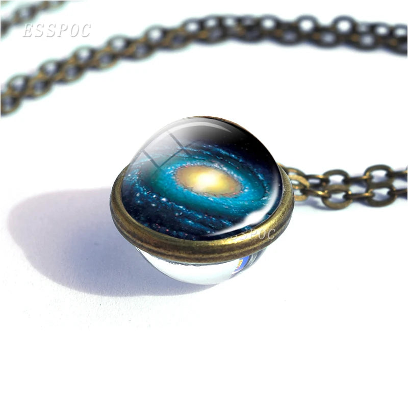 Full Moon Sphere Crystal Ball Glass Necklace Handmade Double Side Glass Ball Pendant Solar System Outer Space Astronomy Jewelry