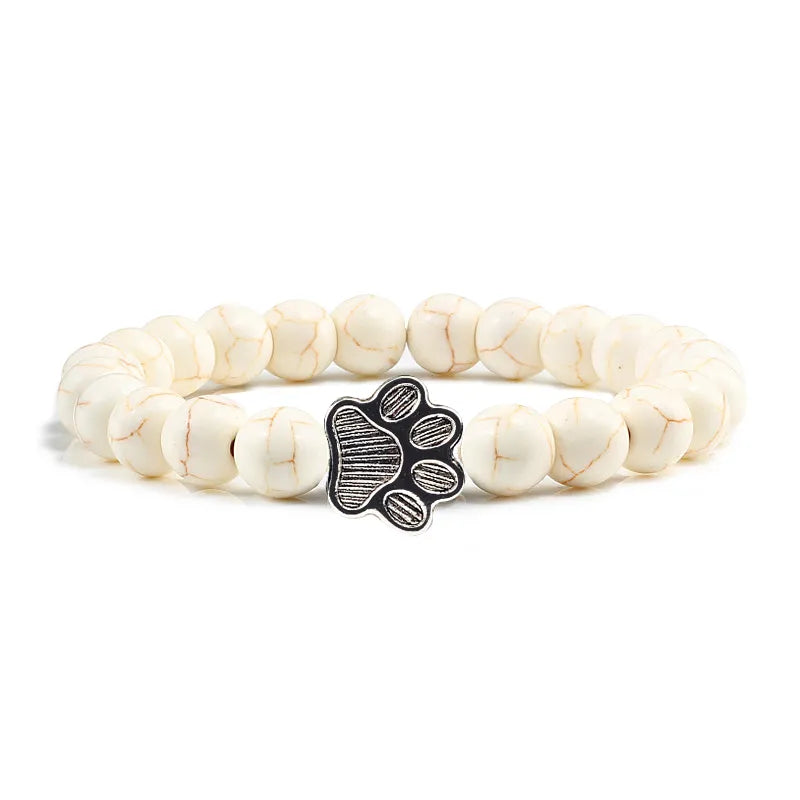 Natural Matte Black Lava Volcanic Stone Paw Print Charm Bracelet Homme Femme Pet Memorial Cat Dog Lovers Jewelry Bracelets