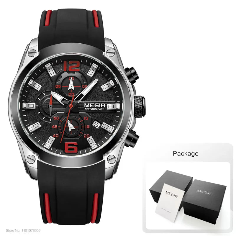 Megir Men's Chronograph Analog Quartz Watch With Date, Luminous Hands, Waterproof Silicone Rubber Strap Wristswatch for Man