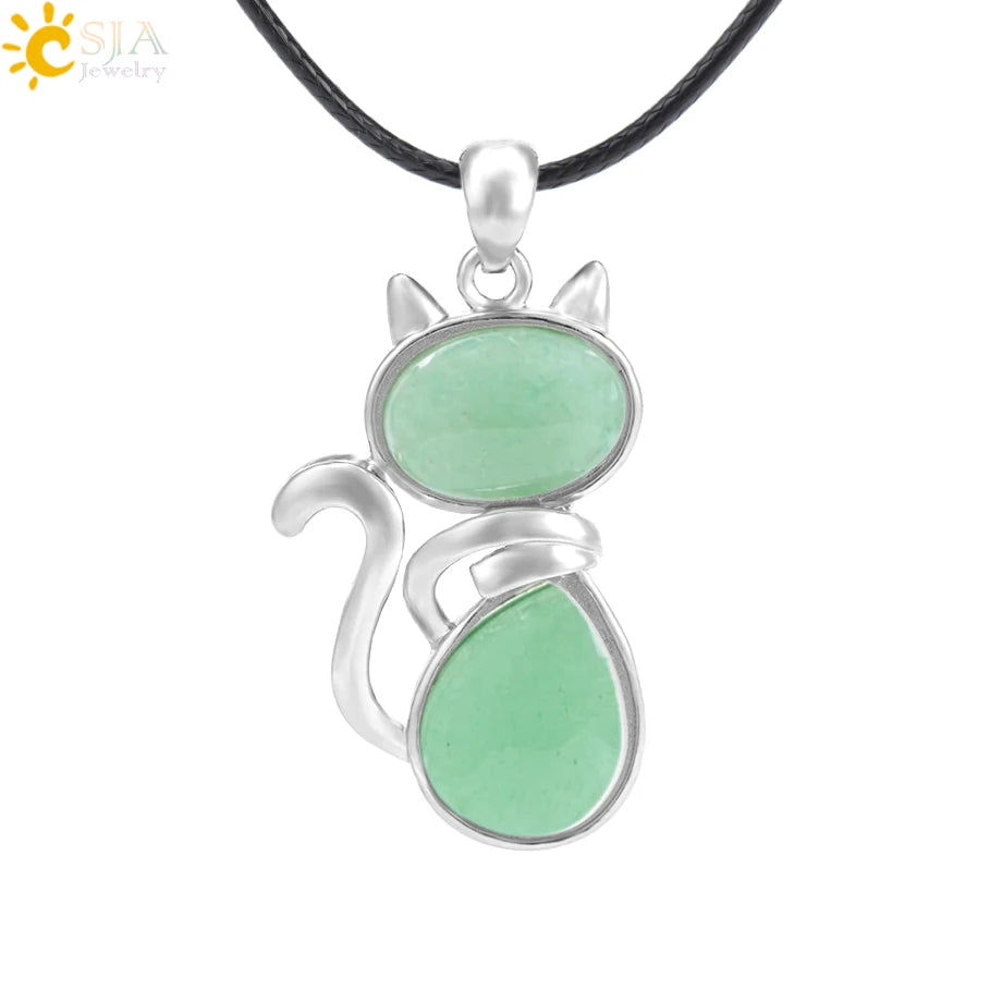 CSJA Reiki Natural Stone Necklaces Pink Quartz Pendants for Women Girl Cute Cat Shape Rock Black Onyx Beads Chain Jewelry F066