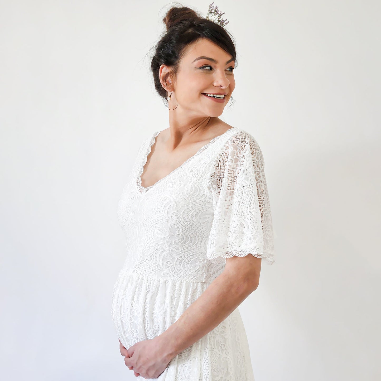 Maternity Butterfly Sleeves Bohemian Lace Ivory Wedding Dress #7017