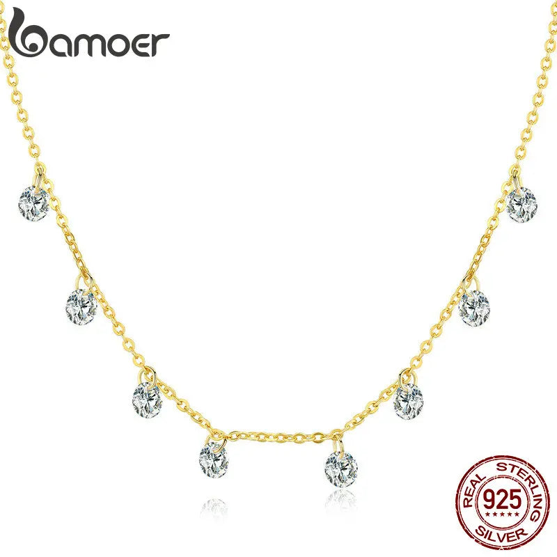 Bamoer 925 Sterling Silver 14K Gold Plated Dainty Chain Choker 5A Cubic Zirconia Pendant Necklace Women Girl Jewelry 16.53”
