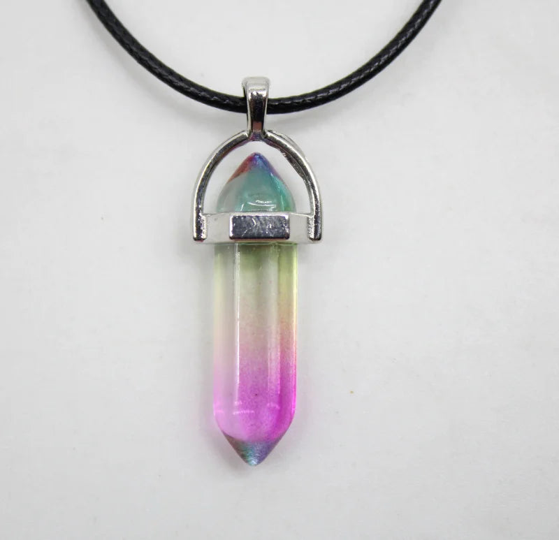 1PCS Natural Stone Quartz Crystal Opal Agates Hexagonal Column Pendulum Pendant Leather Chains Necklace Fashion Charms Pendant