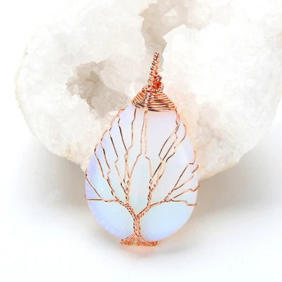 Natural Purple Quartz Opal Stone Pendants Handmade Rose Gold Color Tree of Life Wrapped Drop Shaped Crystal Pendant Necklace