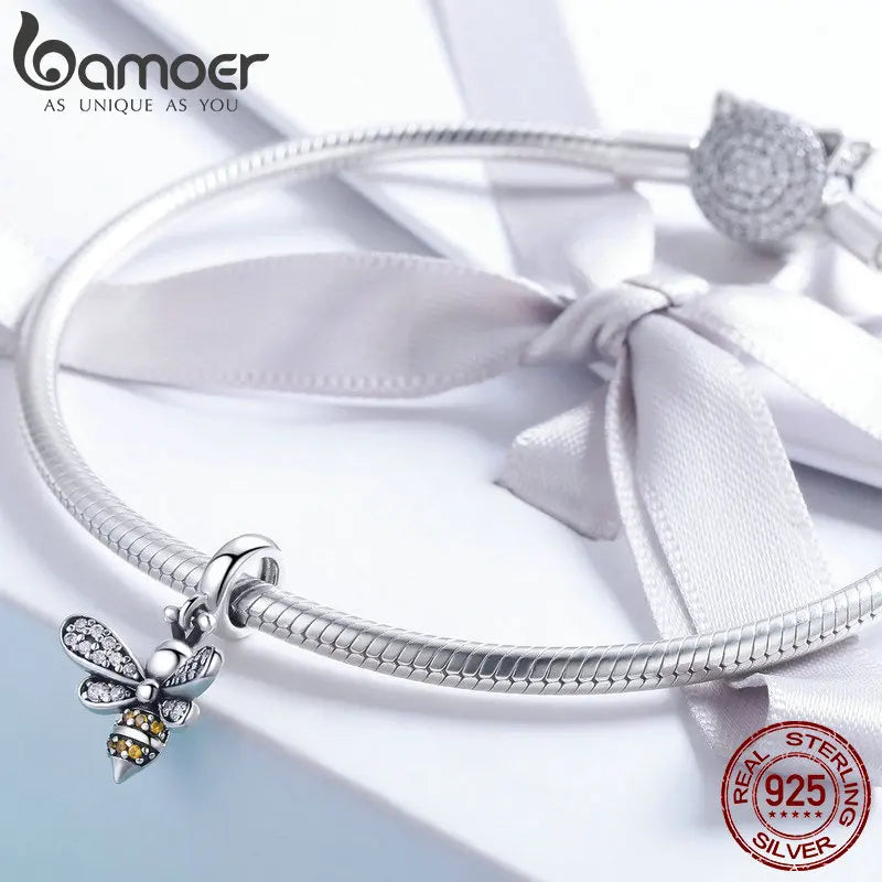 BAMOER 925 Sterling Silver Crystal Bee Crystal Charm Fit Women Charm Bracelets DIY Jewelry Girlfriend