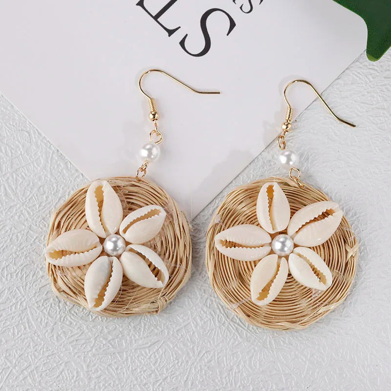 AENSOA Multiple 27 Style Korea Handmade Wooden Straw Weave Rattan Vine Braid Drop Earrings New Geometric Long Earrings