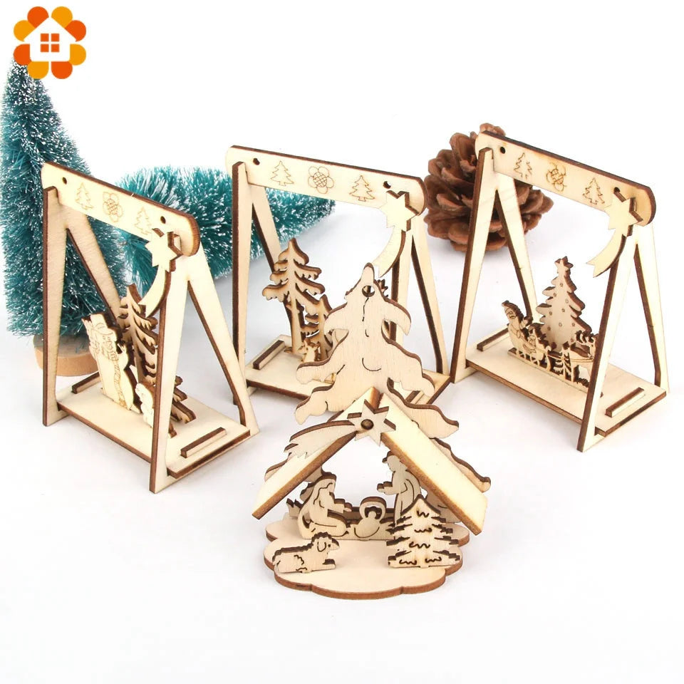 2pcs/Lot DIY Creative Small Hollow Christmas Wooden Ornaments for Home Christmas Party Ornament Decorations Kids Supplies