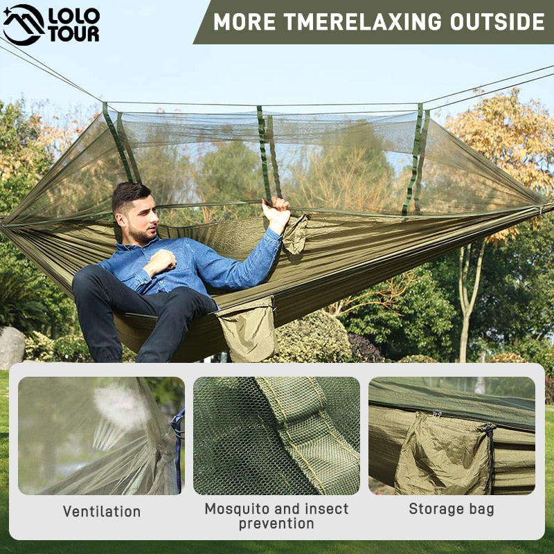 260x140cm Camping Hammock With Mosquito Net Double Travel Hanging Sleeping Bed Swing With Tree Straps for Travel Survival Garden