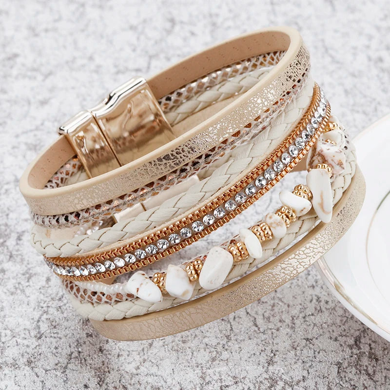 ALLYES Natural Stone Leather Bracelets for Women Luxury Brand Femme Boho Style Wide Multilayer Wrap Bracelet Female Jewelry