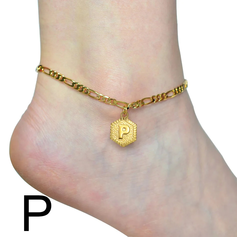 Anniyo 21cm + 10cm Extender Chain / A-Z Initial Letter Anklet for Women Alphabet Jewelry Foot Chain Girl #105906