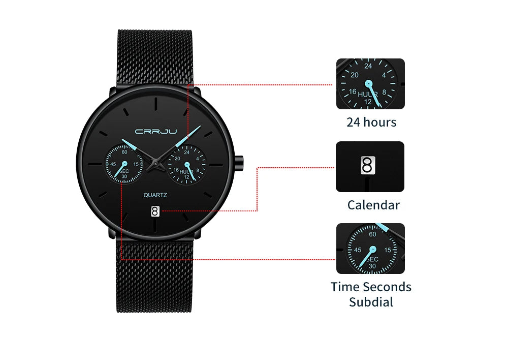 Mens Watches CRRJU Full Steel Casual Waterproof Watch for Man Sport Quartz Watch Men's Dress Calendar Watch Relogio Masculino