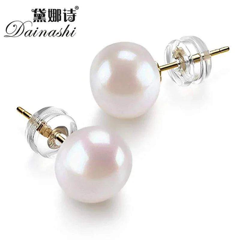 Dainashi High Quality 925Silver Gold Color 8-9mm Bread Round Freshwater Cultured Pearl Stud Earrings for Women Birthday