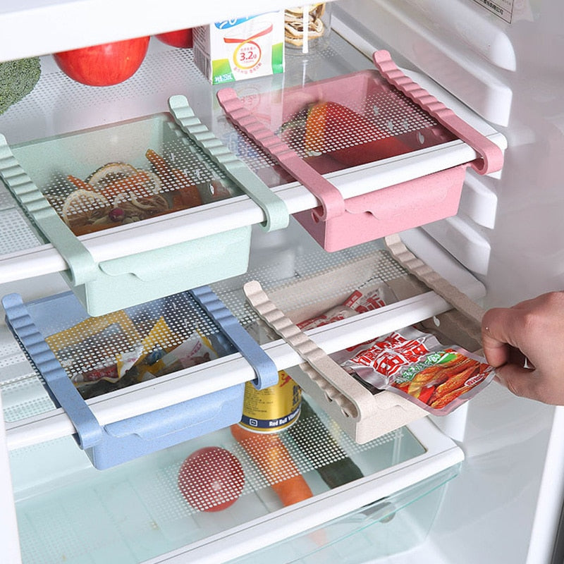 ABS Slide Storage Rack Organizer Adjustable Refrigerator Shelf Holder Drawer Organiser Space Saver Fruit Snack Kitchen Rack Shel