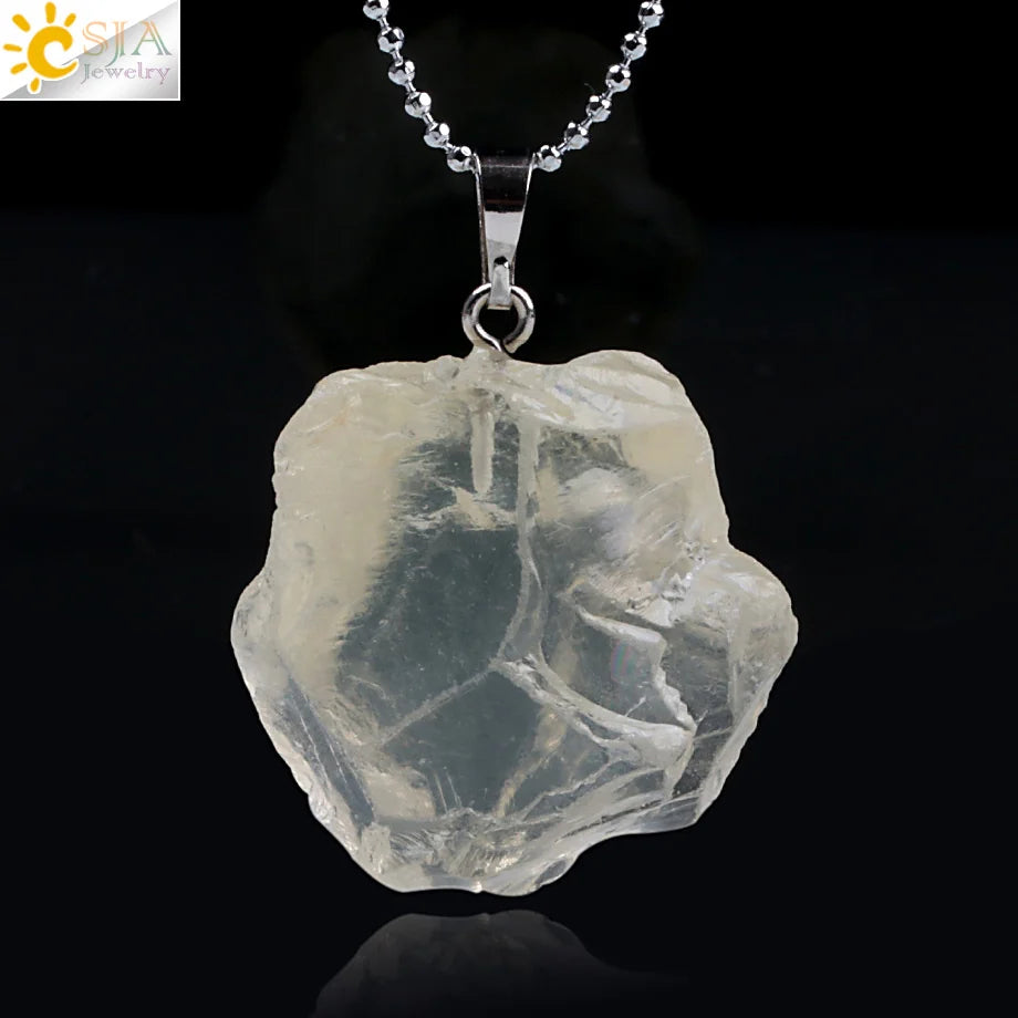 CSJA Natural Stones Gems Clear Crystal Pendants Necklaces Reiki Healing Irregular White Yellow Purple Pink Quartz Pendulum F070