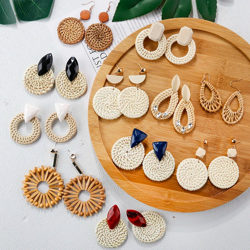AENSOA Multiple 27 Style Korea Handmade Wooden Straw Weave Rattan Vine Braid Drop Earrings New Geometric Long Earrings