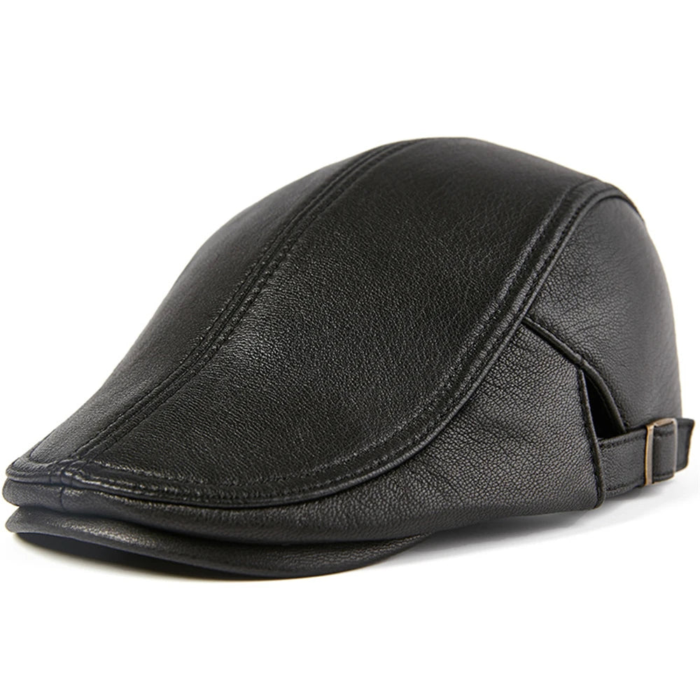 BUTTERMERE Men Beret Hat Real Leather Flat Cap Sheepskin Autumn Winter Male Brown Adjustable High Quality Gatsby Mens Beret Caps