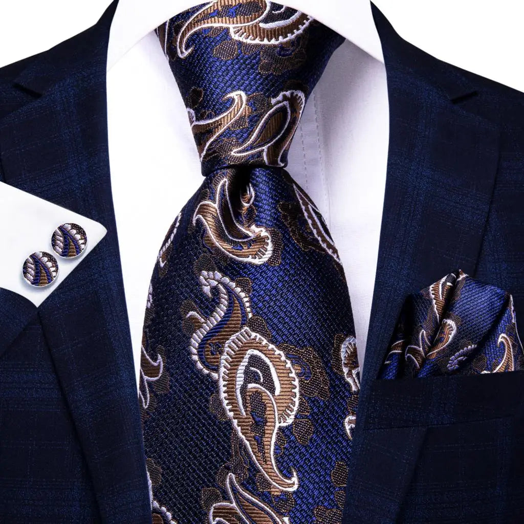 Business Tie for Men Silk Blue Tie Dots Necktie Set Plaid Cufflinks for Wedding Business Tie 150cm Hi-Tie SN-3529