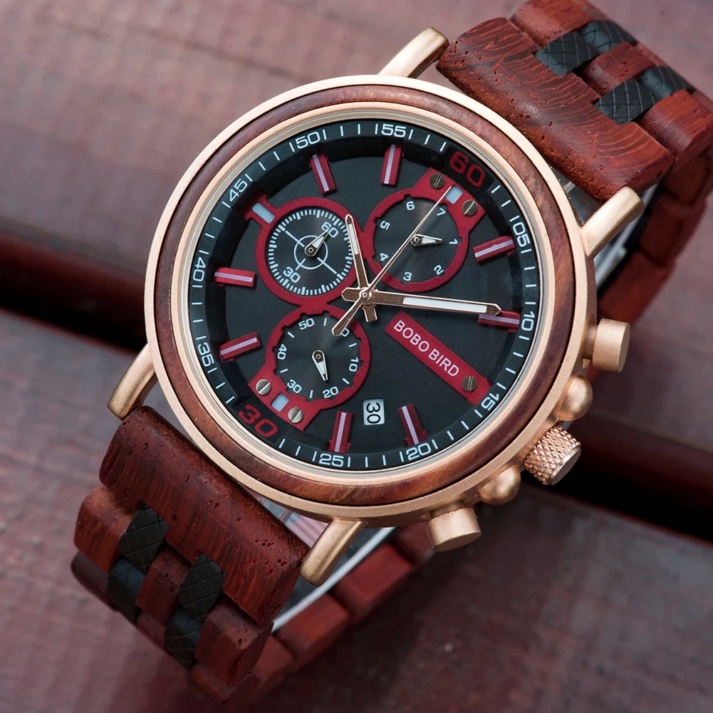 BOBO BIRD Wooden Watch Men Top Brand Luxury Stylish Chronograph Military Watches Wooden Box Logo Custom Great Reloj Hombre
