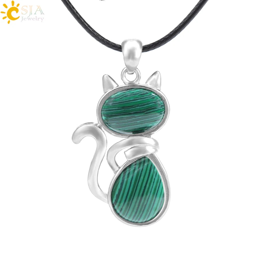 CSJA Reiki Natural Stone Necklaces Pink Quartz Pendants for Women Girl Cute Cat Shape Rock Black Onyx Beads Chain Jewelry F066