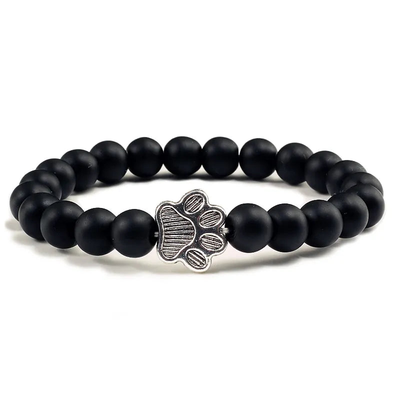 Natural Matte Black Lava Volcanic Stone Paw Print Charm Bracelet Homme Femme Pet Memorial Cat Dog Lovers Jewelry Bracelets