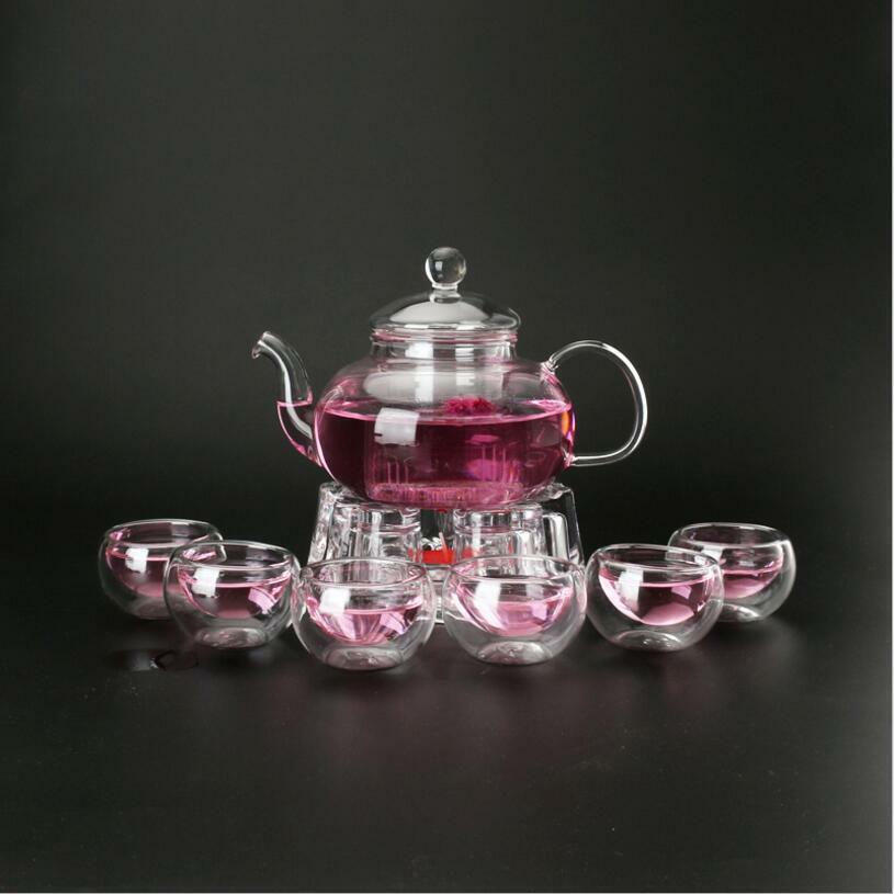 Tea Set High Borosilicate Glass Tea Pot Set Infuser Coffee Tea Leaf Herbal 6 Cups Warmer Teapot Kitchen Accessories Home