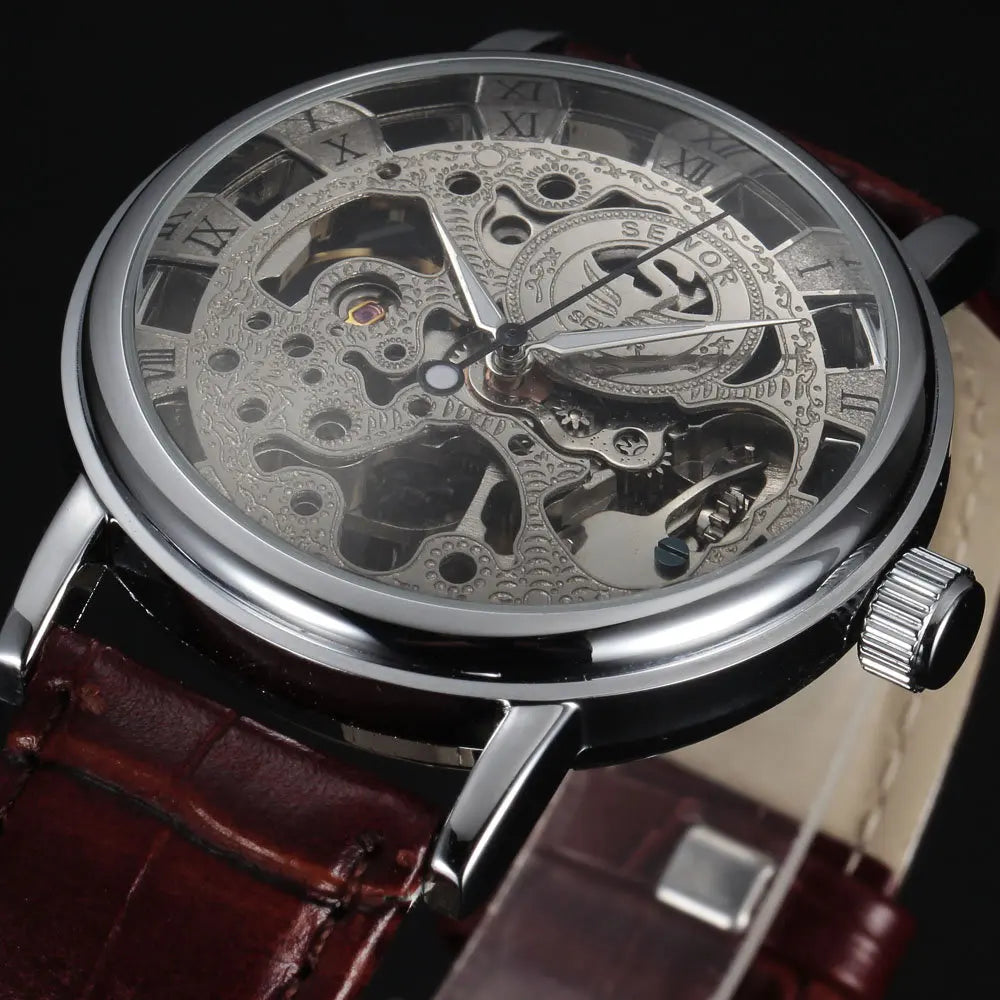 Casual New Fashion SEWOR Brand Skeleton Men Male Military Army Clock Classic Luxury Gold Mechanical Hand Wind Wrist Watch