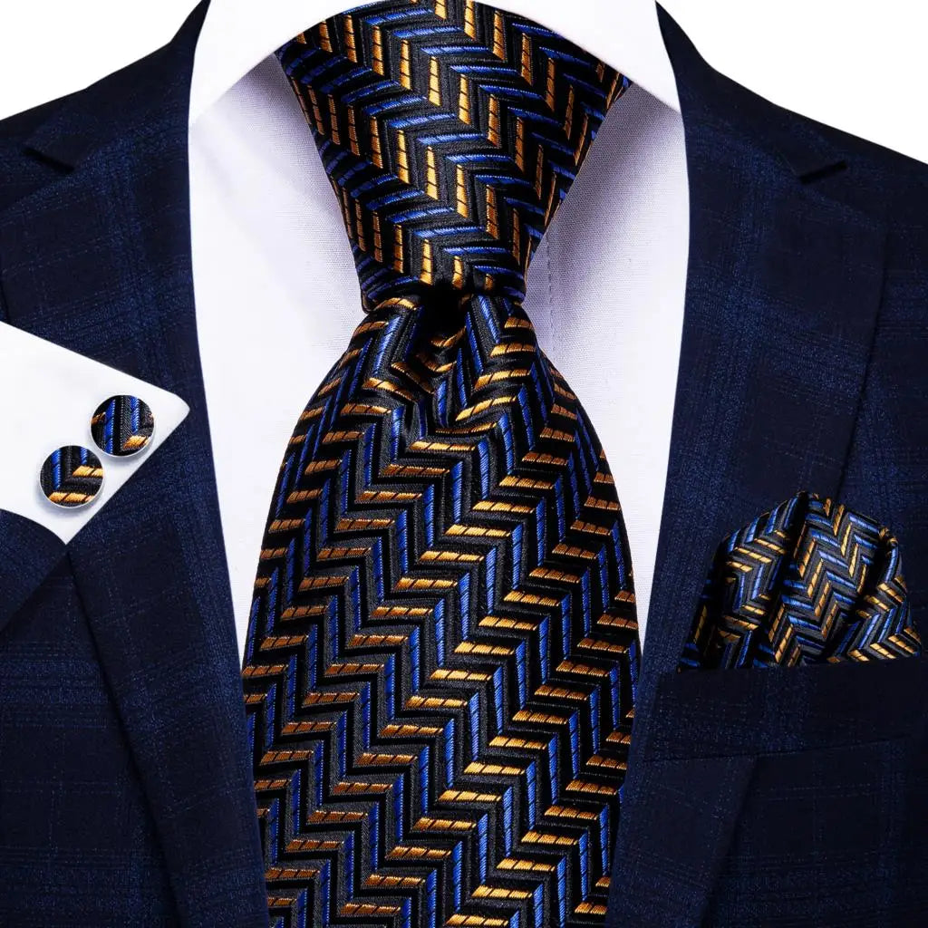 Business Tie for Men Silk Blue Tie Dots Necktie Set Plaid Cufflinks for Wedding Business Tie 150cm Hi-Tie SN-3529