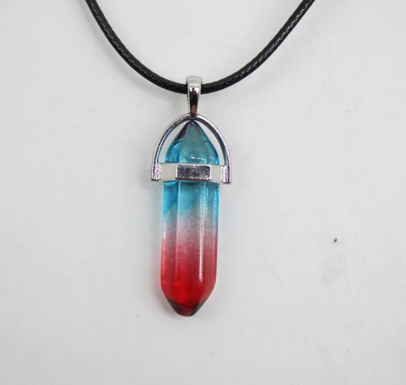 1PCS Natural Stone Quartz Crystal Opal Agates Hexagonal Column Pendulum Pendant Leather Chains Necklace Fashion Charms Pendant