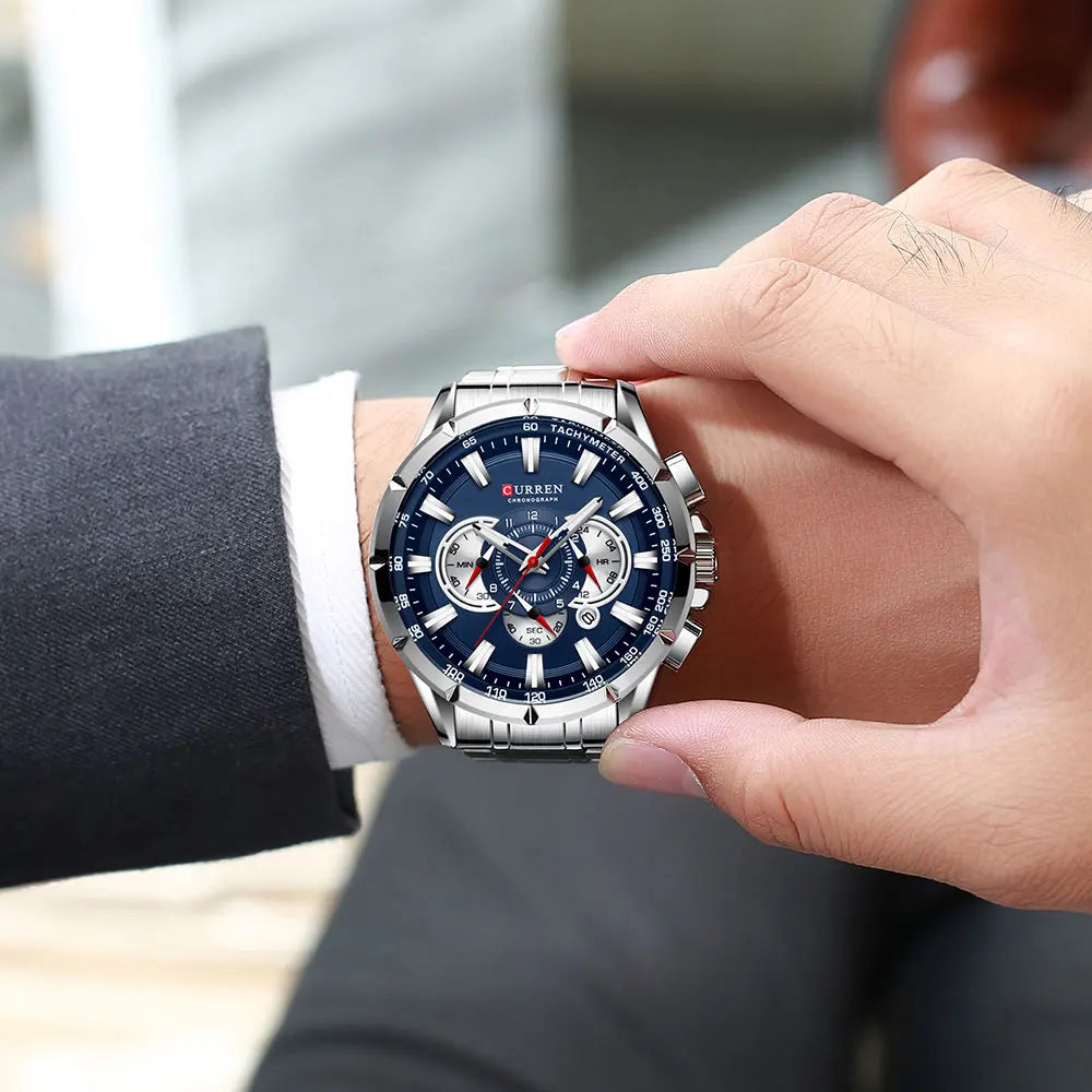CURREN New Casual Sport Chronograph Men's Watches Stainless Steel Band Wristwatch Big Dial Quartz Clock With Luminous Pointers
