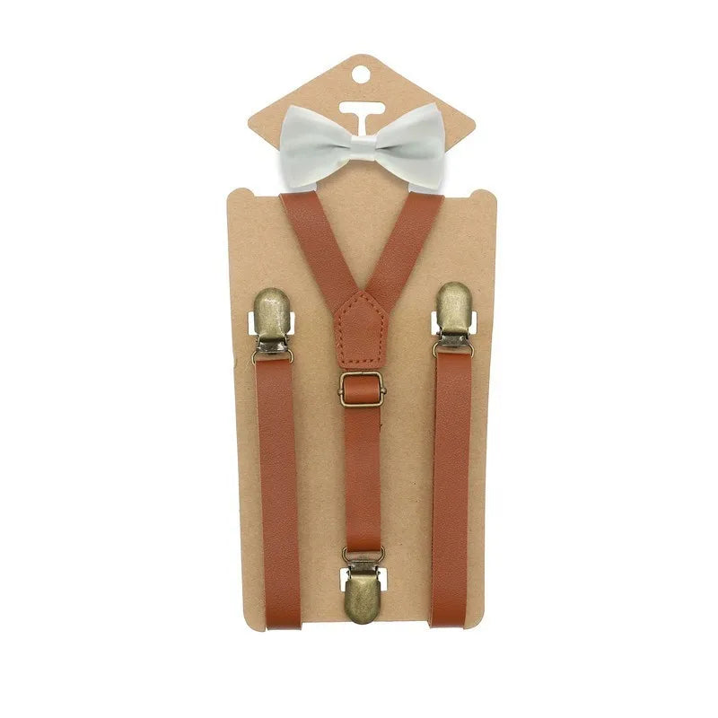 3 Clips Y Back Kid Brown Tan Leather Suspender and Bow Tie Ring Bearer Bowtie Set Birthday Outfit 80*1.5cm Adjustable