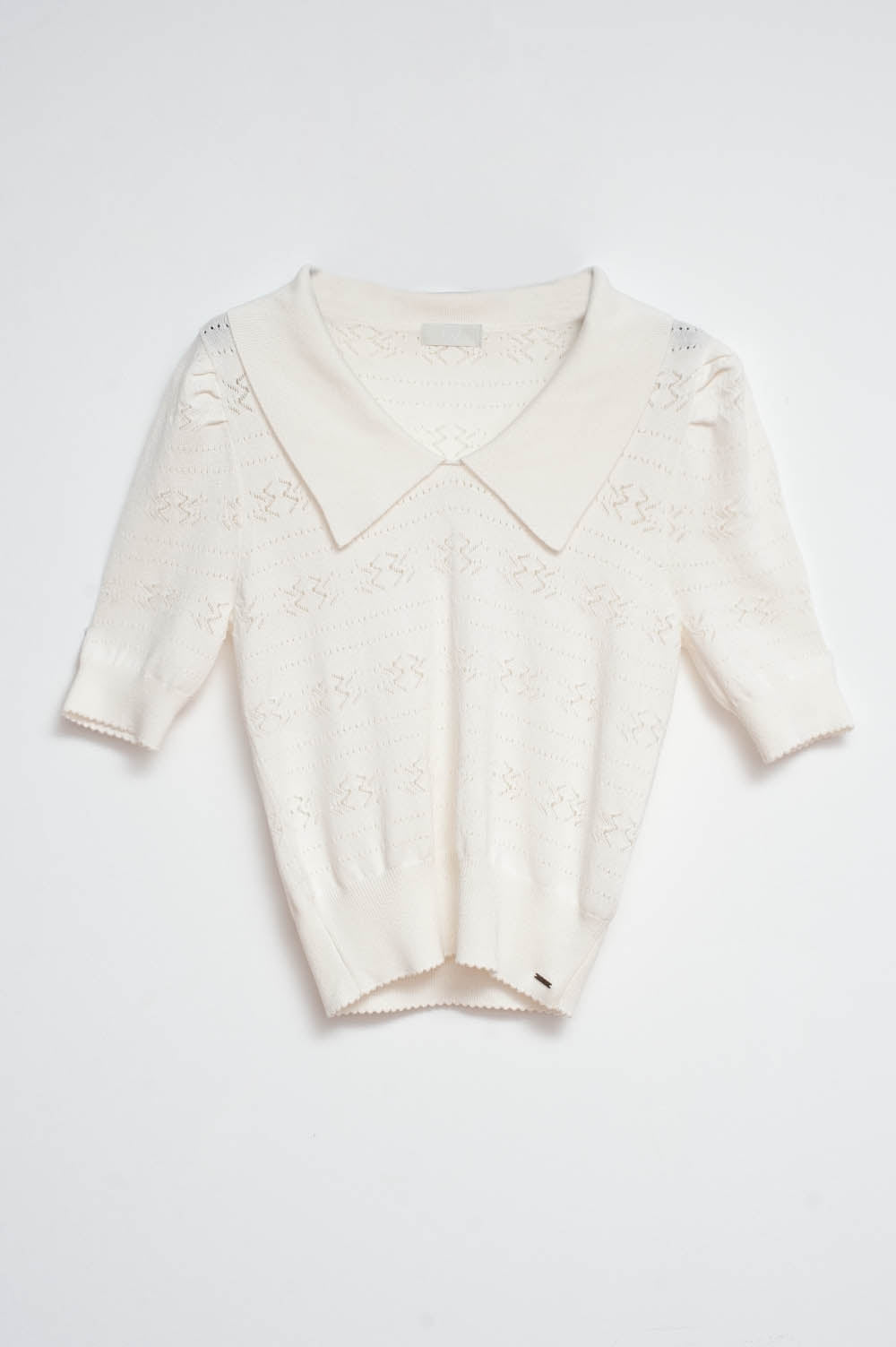 Knitted Pointelle Polo Neck Jumper in Cream