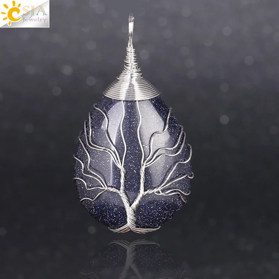 CSJA Natural Stone Pink Quartz Necklace & Pendant Silver-Color Tree of Life Wire Wrapped Water Drop Shape for Women Jewelry F122