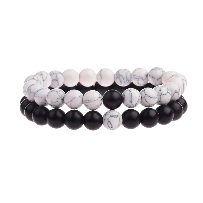 Couples Distance Bracelet Natural Wood Stone White and Black Yin Yang Beaded Bracelets for Men Women Best Friend Valentine's Day
