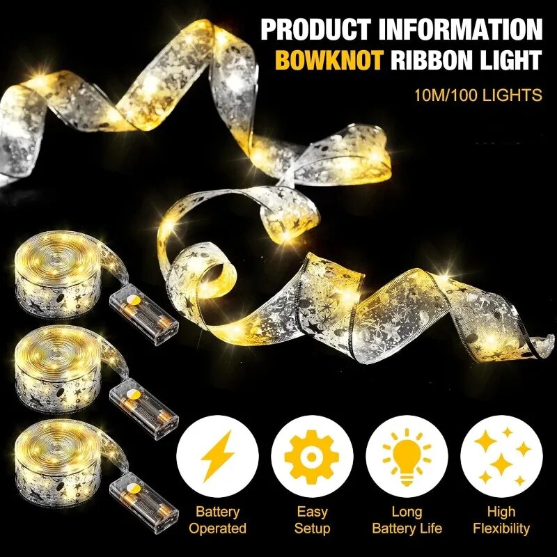 Christmas Decoration LED Ribbon Fairy Lights Christmas Tree Ornaments for Home 2023 DIY Bows Light String Navidad New Year 2024