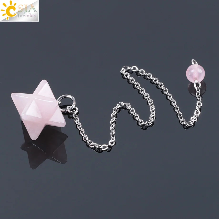 CSJA Natural Gem Stones Merkabah Pendulums for Dowsing Divination Wicca Chakra Reiki Pink Crystal Lapis Lazuli Onyx Pendant F055